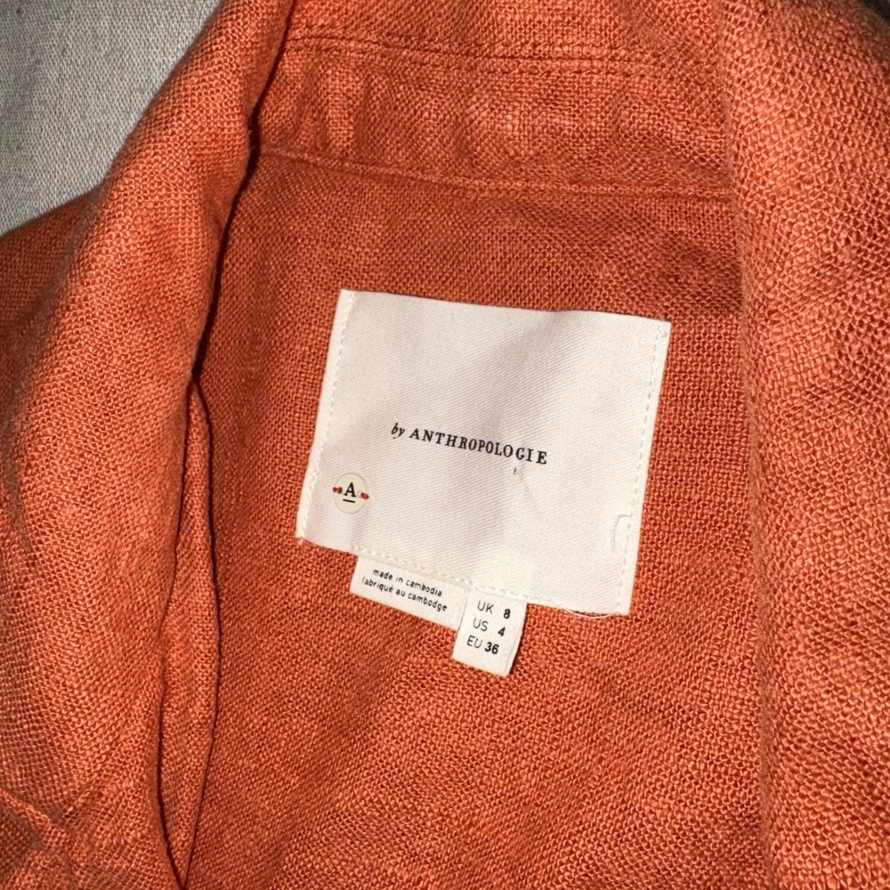 Anthropologie Burnt Orange Linen Blend Tulip Back Open Front Blazer Jacket‎ sz 4 - Picture 2 of 7